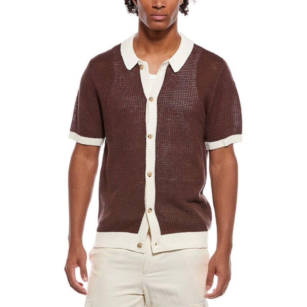 Onia Mens  Linen Button Up Sweater, Brown